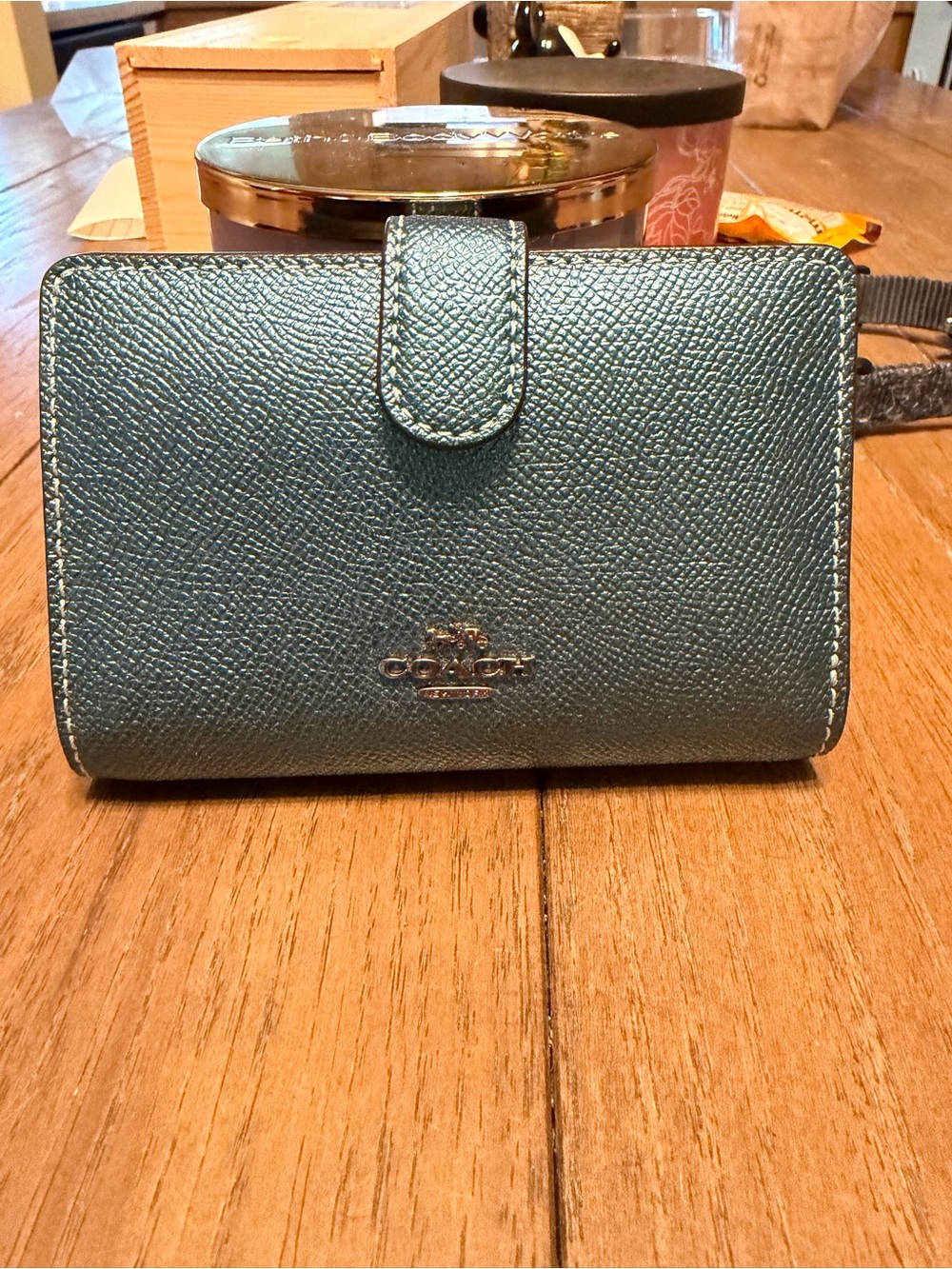 Coach Pebbled Leather Small Wallet - Metallic Teal/Blue